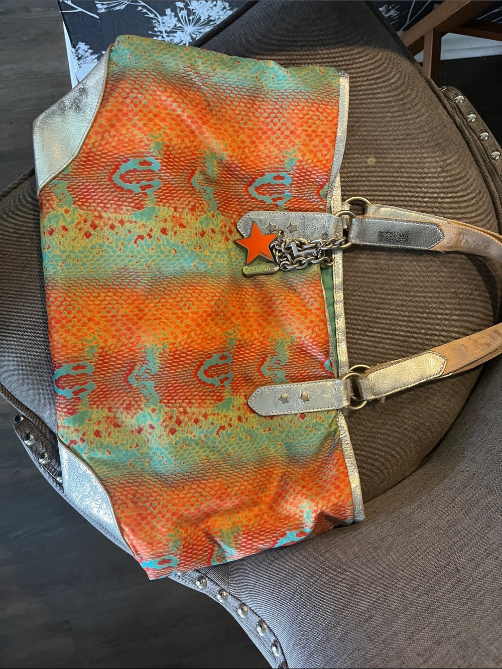 Le Sport Sac Orange and Aqua Patterned Tote with Metallic Accents